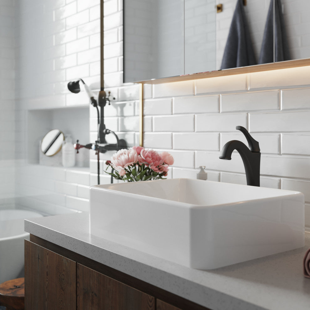 Elavo Rectangle Ceramic Vessel Sink, Bathroom Arlo Faucet, Drain, Matte