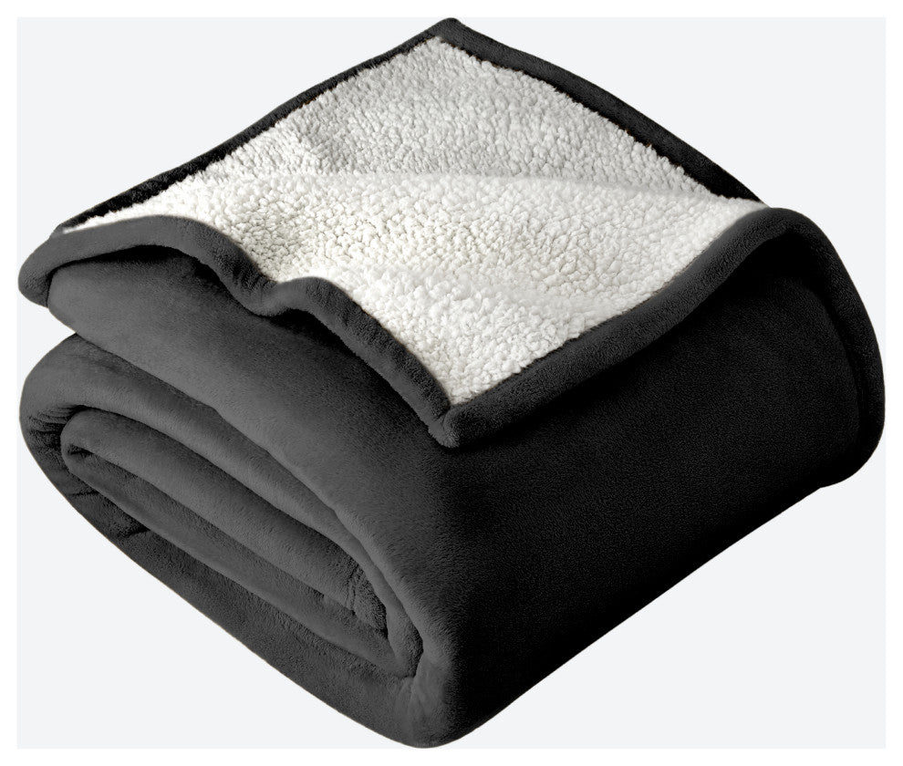 Fleece Sherpa Blanket, Black, Throw