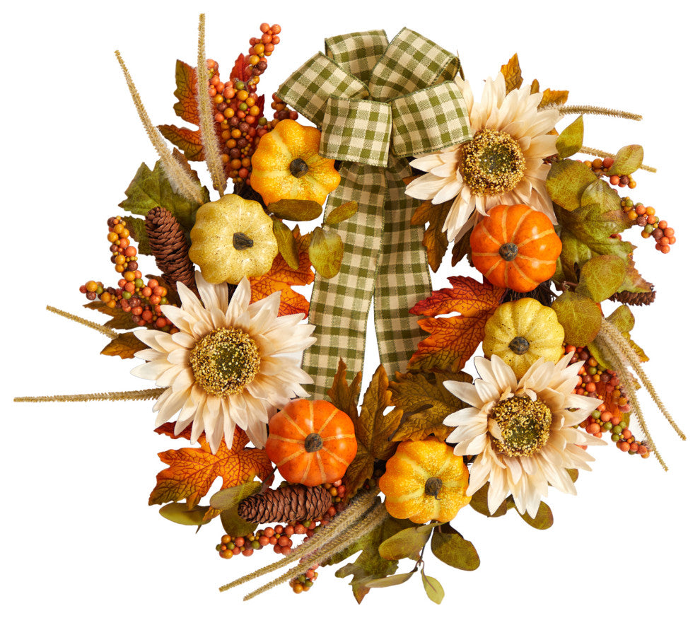 24" Fall Pumpkin, Sunflower Artificial Autumn Wreath With Decorative Ribbon