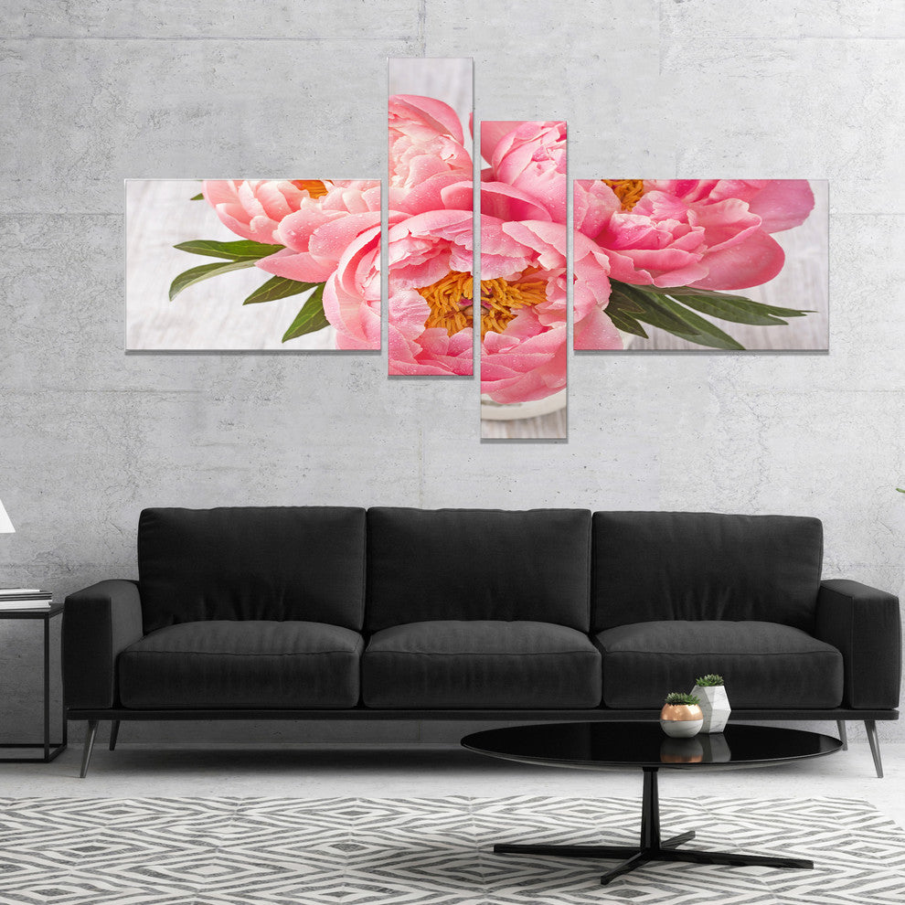 Peony Flowers on White Floor, Floral Canvas Art Print, 60"x32", 4 panels