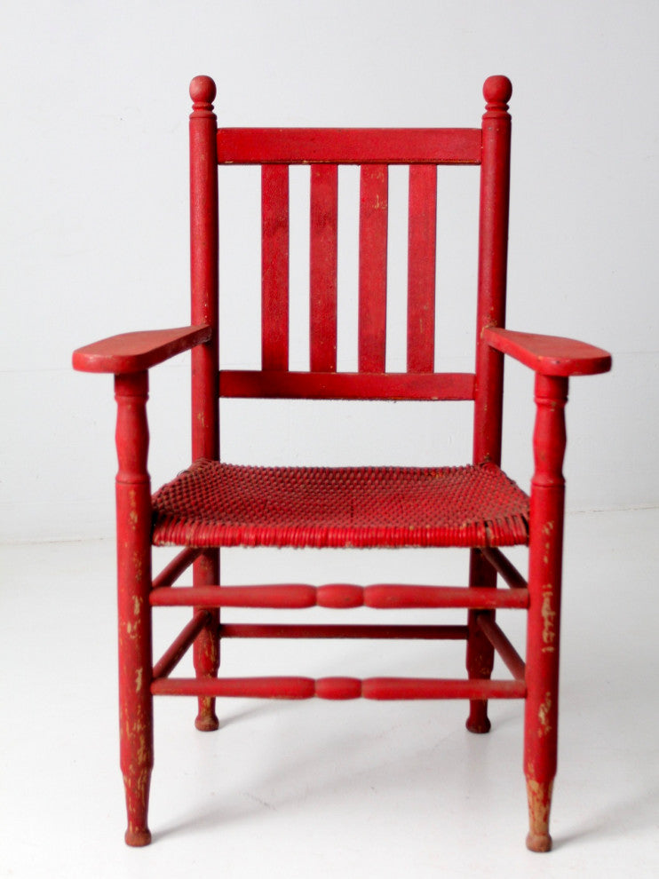 Consigned, Antique Red Wicker Seat Arm Chair