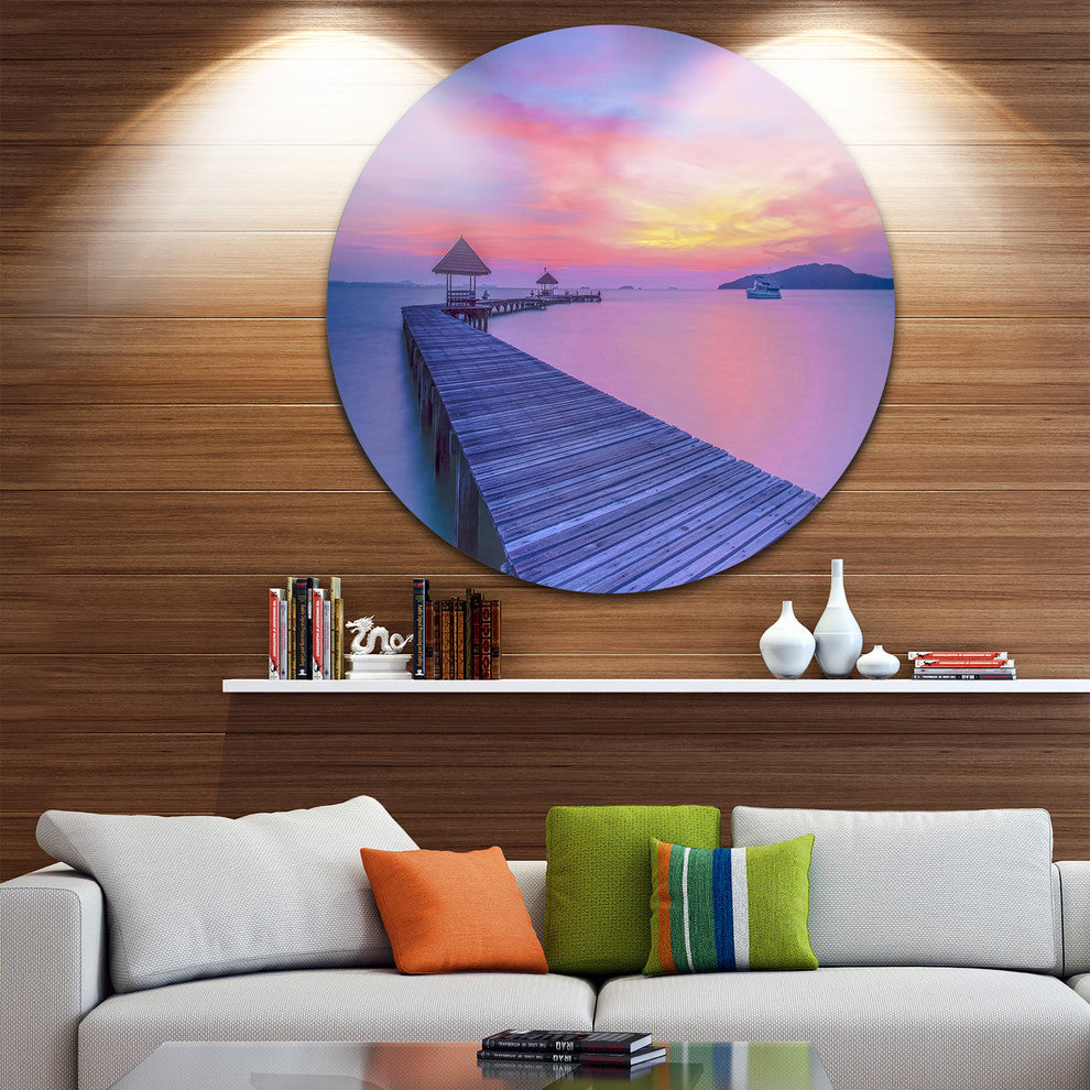 Purple Tinged Wood Bridge And Beach, Seascape Disc Metal Wall Art, 36"
