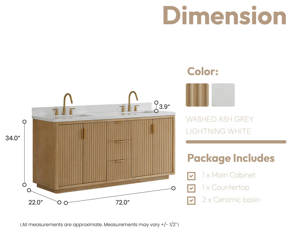 Vinnova Cadiz Bath Vanity, Composite Stone Top, Washed Ash Grey, 72", No Mirror