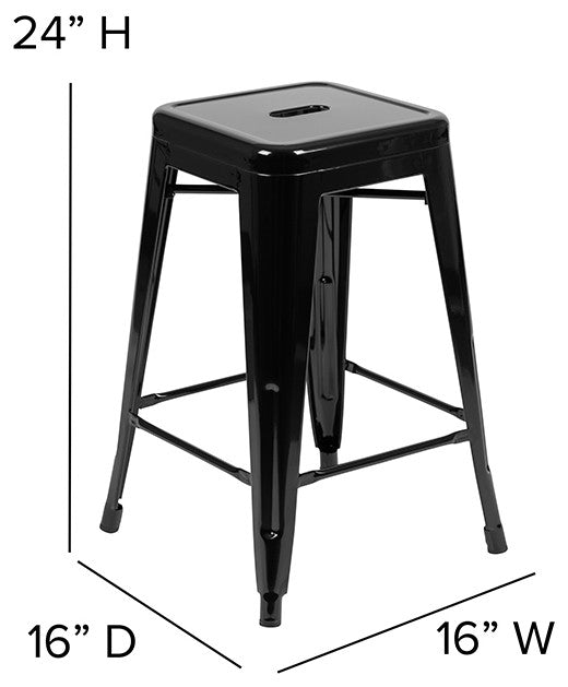 24" Metal Counter-Height Indoor Bar Stool, Stackable Set of 4, Black