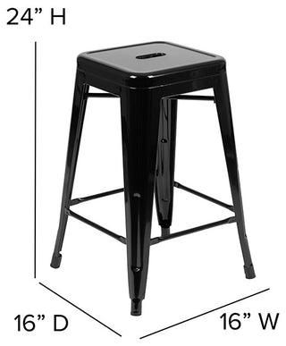 24" Metal Counter-Height Indoor Bar Stool, Stackable Set of 4, Black