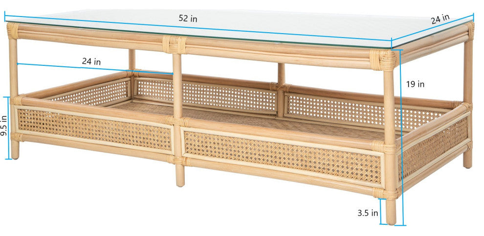 Rattan Cane Rectangular 2-Tier Shelf Coffee Table Glass Top