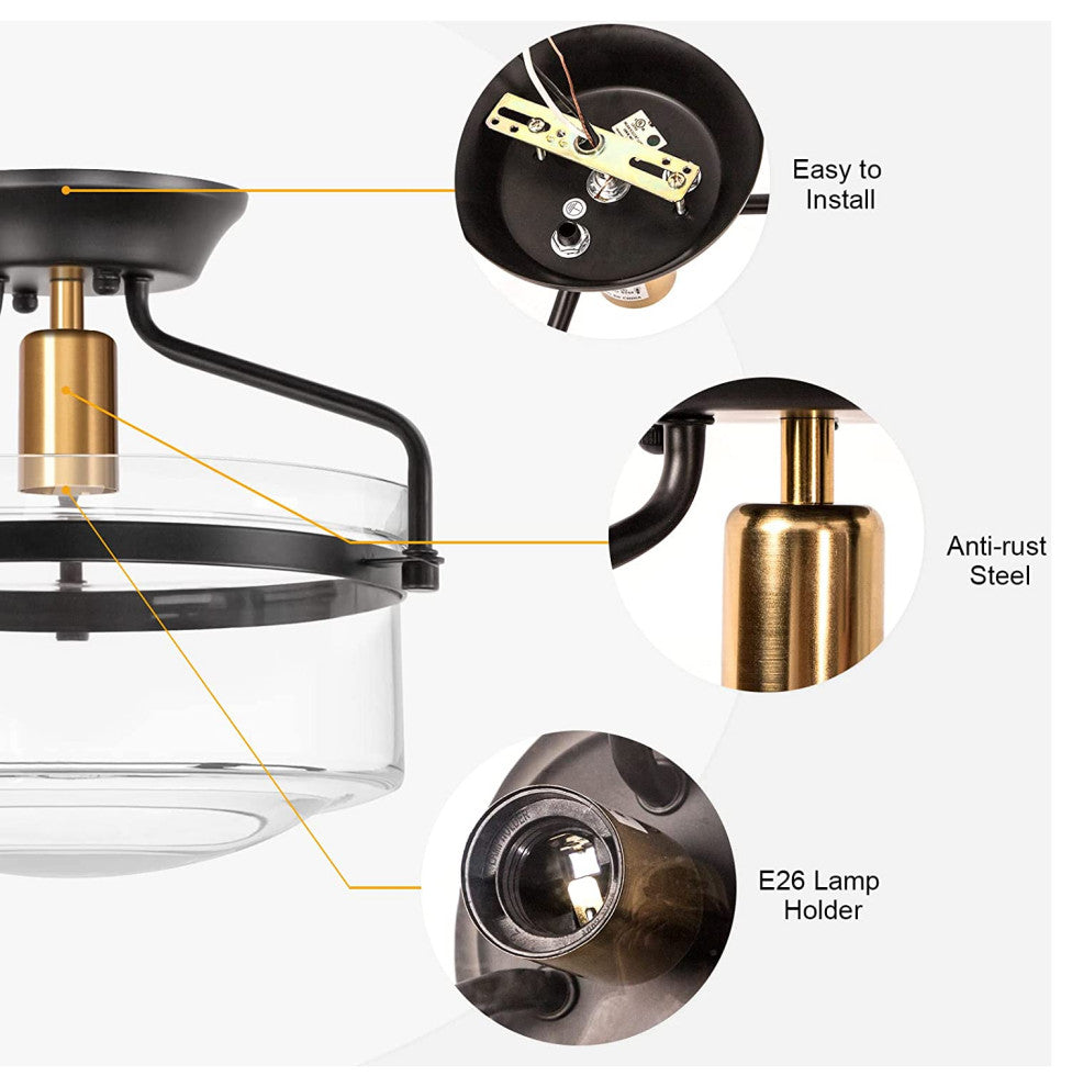 Industrial Semi Flush Mount Ceiling Light Fixture, Farmhouse, Black