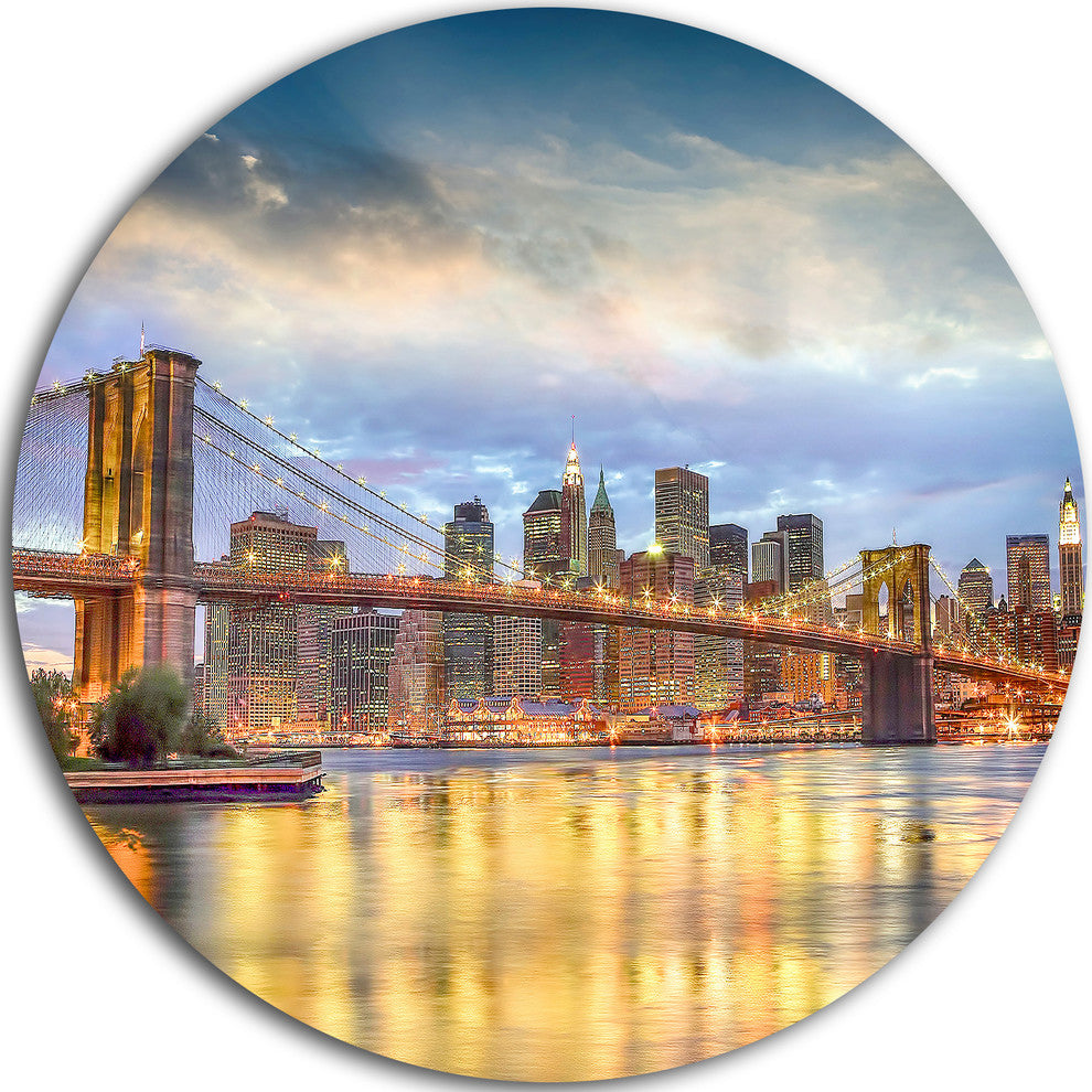 Brooklyn Bridge With Night Illumination, Disc Metal Artwork, 11"
