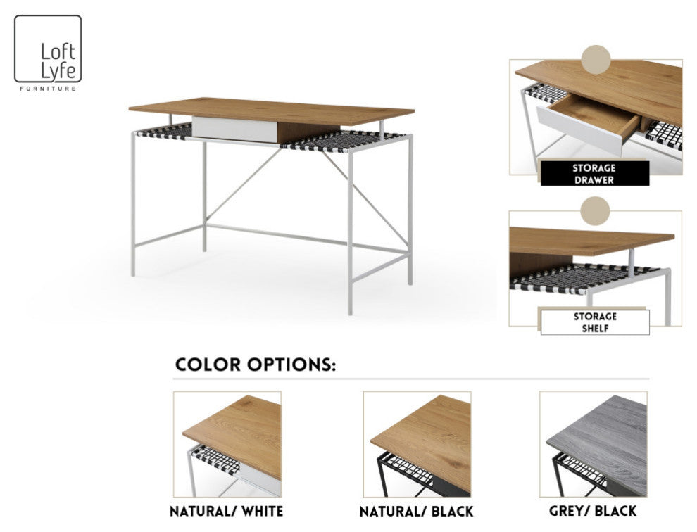 Loft Lyfe Mileena Desk, 1 Storage Drawer, Natural/Black 43.3Lx21.6Wx30H
