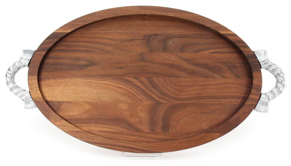 BigWood Boards Large Oval Carving Trencher with Rope Handles, Walnut, 15" x 24"