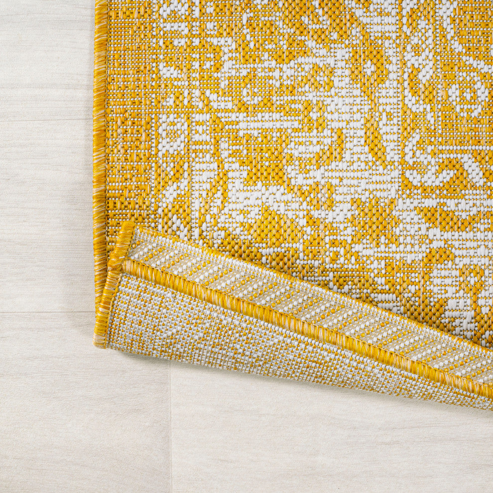 Tela Boho Textured Weave Floral Indoor/Outdoor Rug, Yellow/Cream, 5' Square