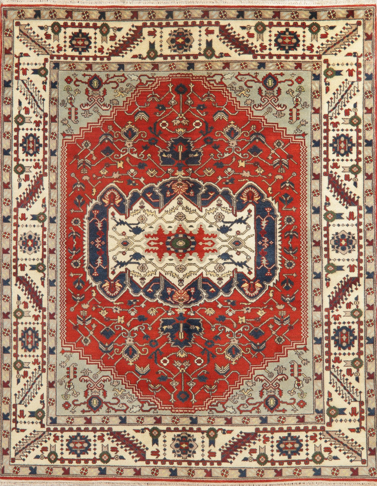 Traditional Heriz Oriental Hand-Knotted Indian Area Rug, Red, 10'1"x8'1