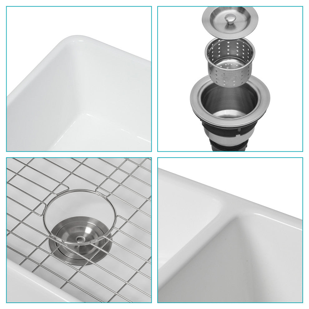 White Ceramic 33 in. Double Bowl Farmhouse Apron Kitchen Sink with Bottom Grid