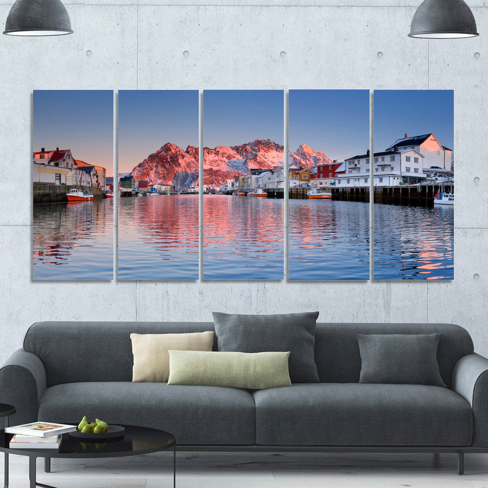 Henningsvaer on the Lofoten Norway, Landscape Canvas Art, 60"x28", 5 Panels