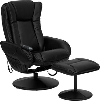 Massaging Black Leather Recliner and Ottoman With Leather Wrapped Base
