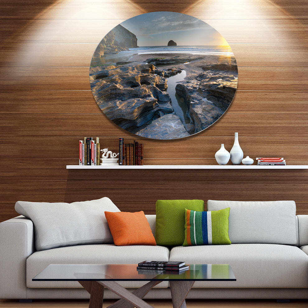 Beach At Trebarwith In Cornwall, Seashore Large Disc Metal Artwork, 38"