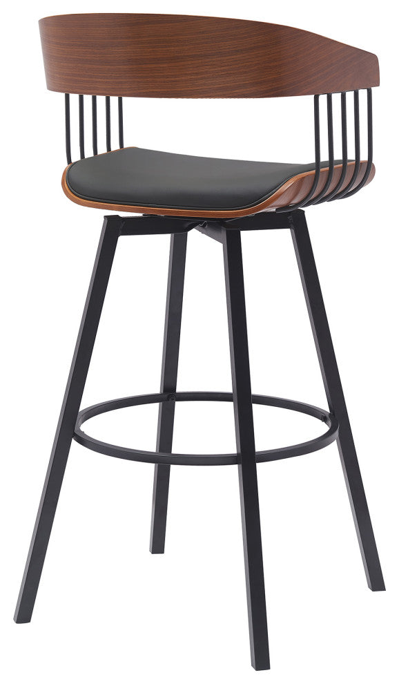 Athena 27" Swivel Walnut Wood Counter Stool Black Faux Leather With Black Metal, 31
