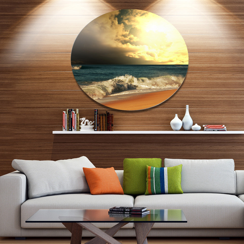 Rushing Waves Under Cloudy Sky, Seashore Large Disc Metal Wall Art, 11"