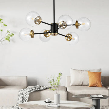 Modern 6-Light Sputnik Chandelier With Glass Globe Shades, Clear Glass Shades