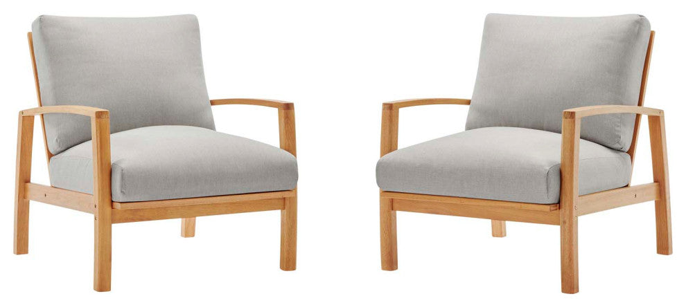 Lounge Chair Armchair, Set of 2, Wood, Brown Natural Gray, Modern, Outdoor