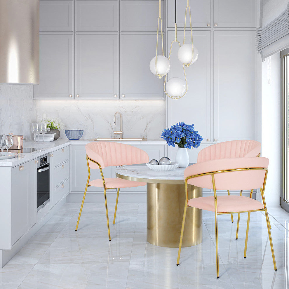 Faux Blush Pink Leather Dining Chair, Contemporary Modern Gold Side Chair SetOf2