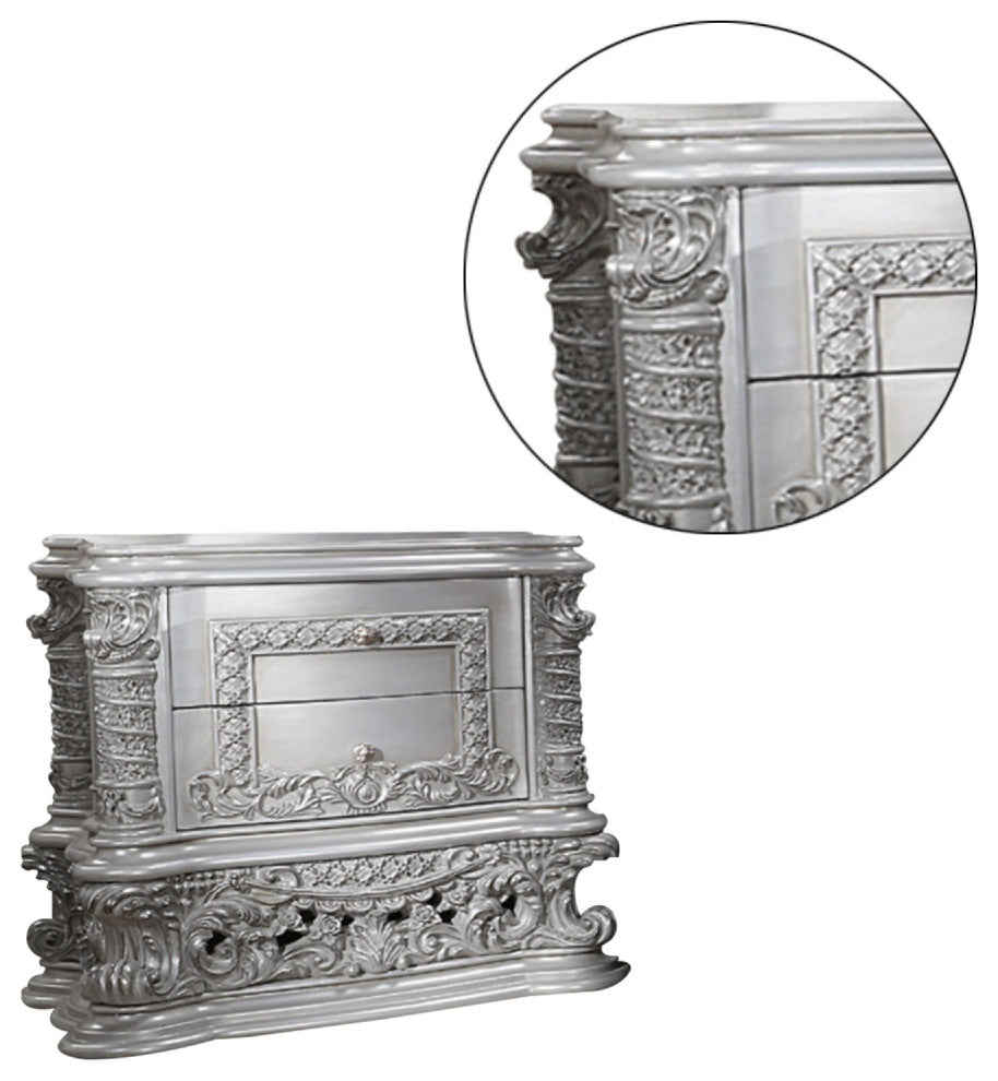 Benzara BM275516 Wood Nightstand, 2 Drawers, Ornate Carving, Gray/Light Gold