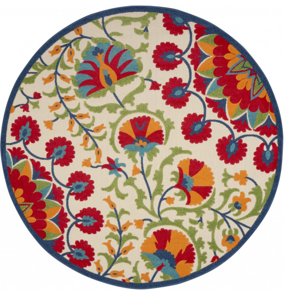 8' Round Red And Ivory Round Floral Indoor Outdoor Area Rug