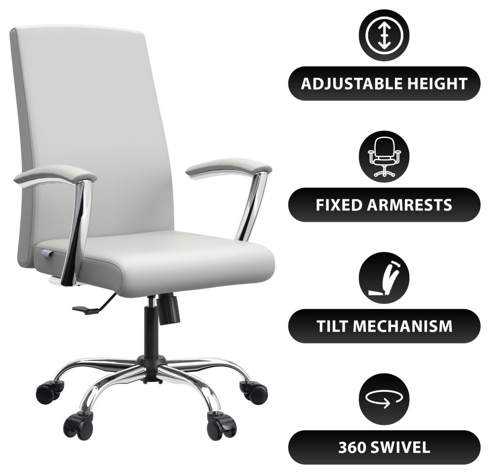 LeisureMod Evander Swivel Office Chair in Leather With Silver Frame, White