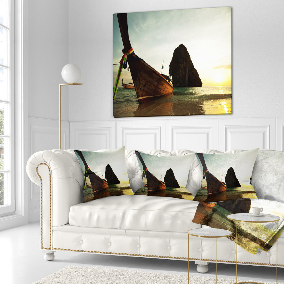 Tropical Beach With Huge Boat Seashore Throw Pillow, 18"x18"