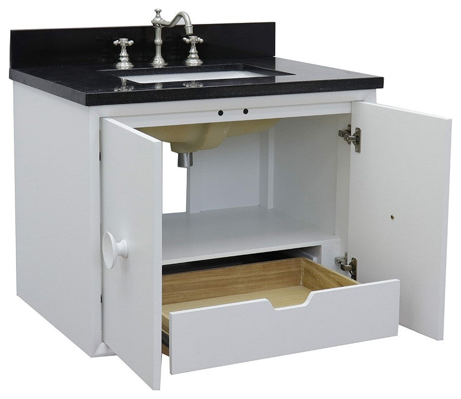 31" Single Wall Mount Vanity, White Finish With Black Galaxy Top