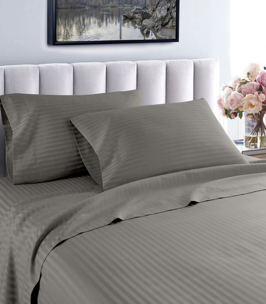 600 Thread Count 100% Cotton Stripe Sheet Set, Grey, Queen