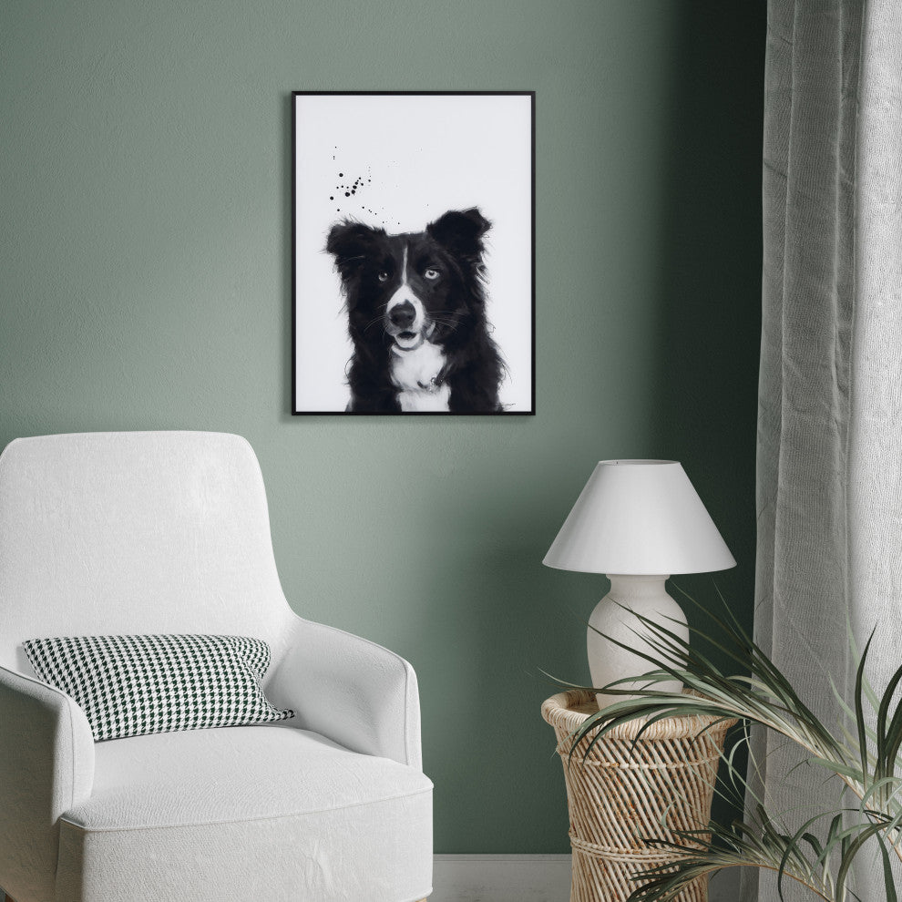 "Border Collie" Black and White Pet Art on Printed Glass with Anodized Frame