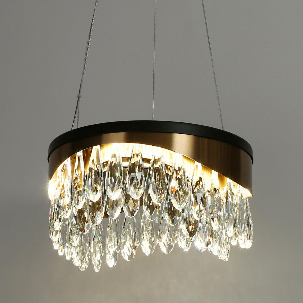 LNC Modern Black Polished Gold Drum Chandelier with Crystal Glass Drops, 11.8"w