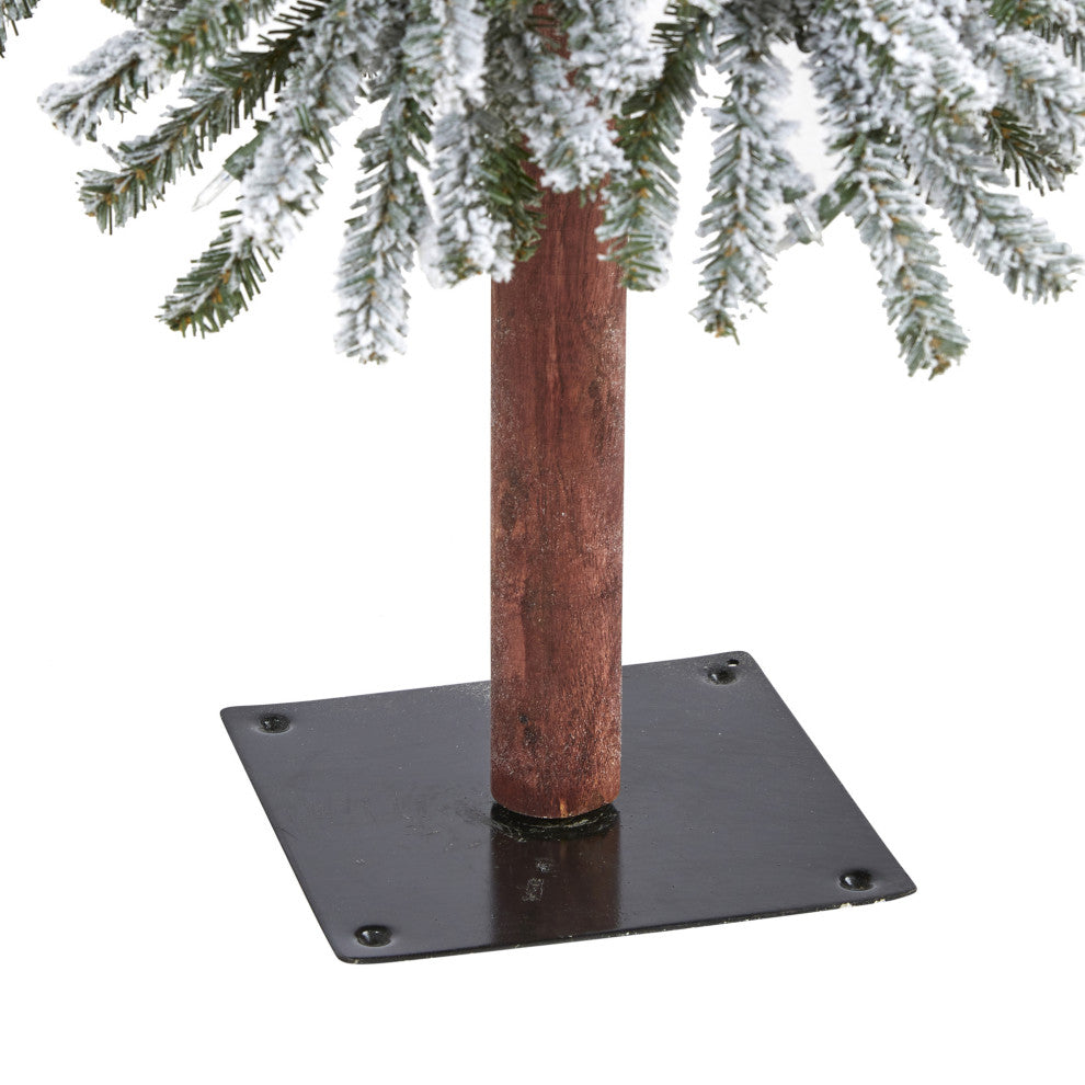 5' Flocked Grand Alpine Faux Xmas Tree W/Lights, Bendable Branches