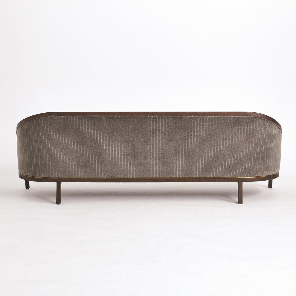 Elegant Pinstripe Gray 3 Seat Sofa Exposed Wood Velvet Curved Back Contemporary