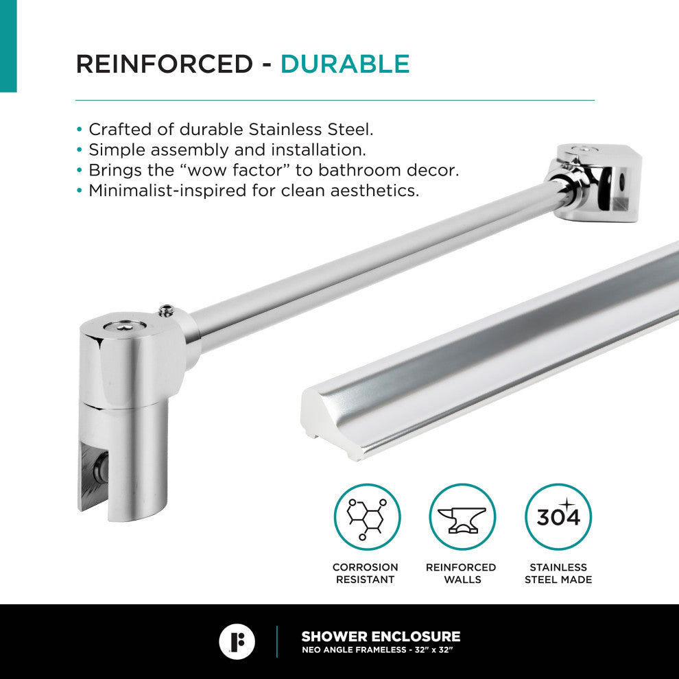 Shower Enclosure Neo Angle Frameless Tempered Glass, Polished Chrome, 30" X 30"