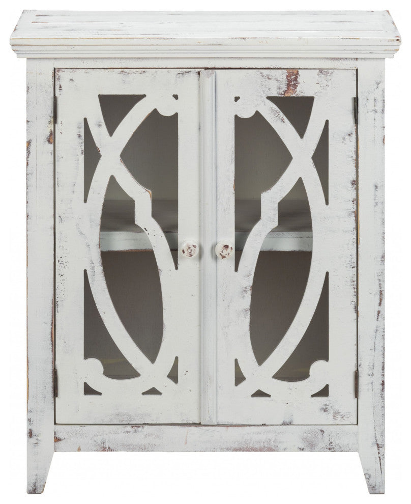 Rustic White Wood and Glass Scrollwork Accent Cabinet