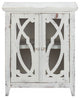 Rustic White Wood and Glass Scrollwork Accent Cabinet