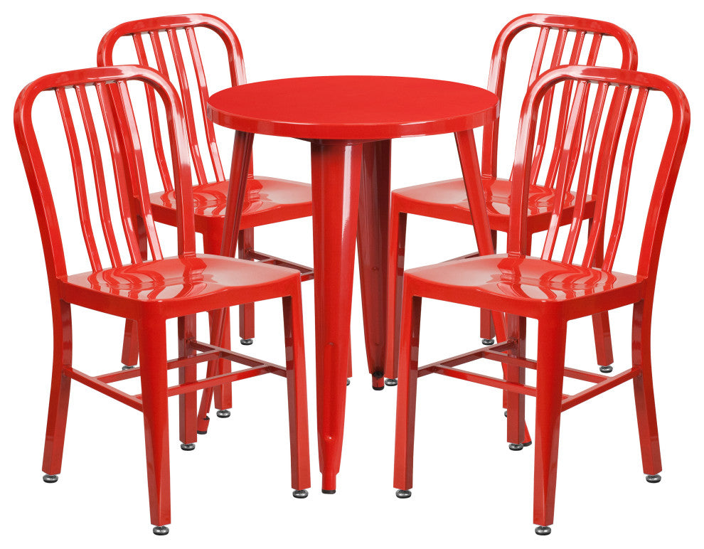 24" Round Red Metal Indoor-Outdoor Table Set with 4 Vertical Slat Back Chairs