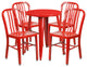 24" Round Red Metal Indoor-Outdoor Table Set with 4 Vertical Slat Back Chairs