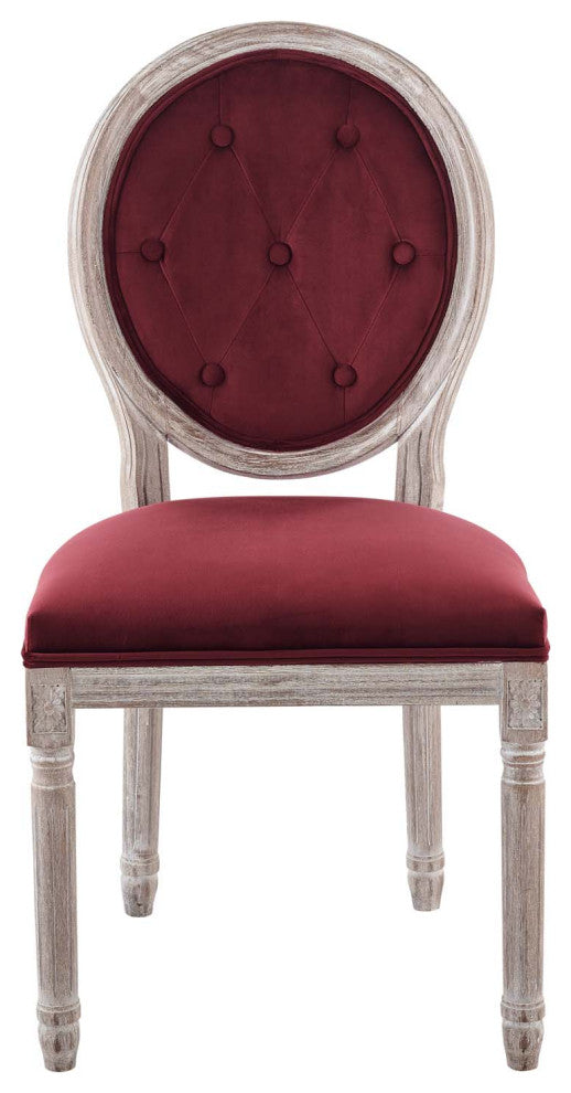 French Vintage Side Dining Chair, Velvet, Wood, Brown Natural Red, Modern