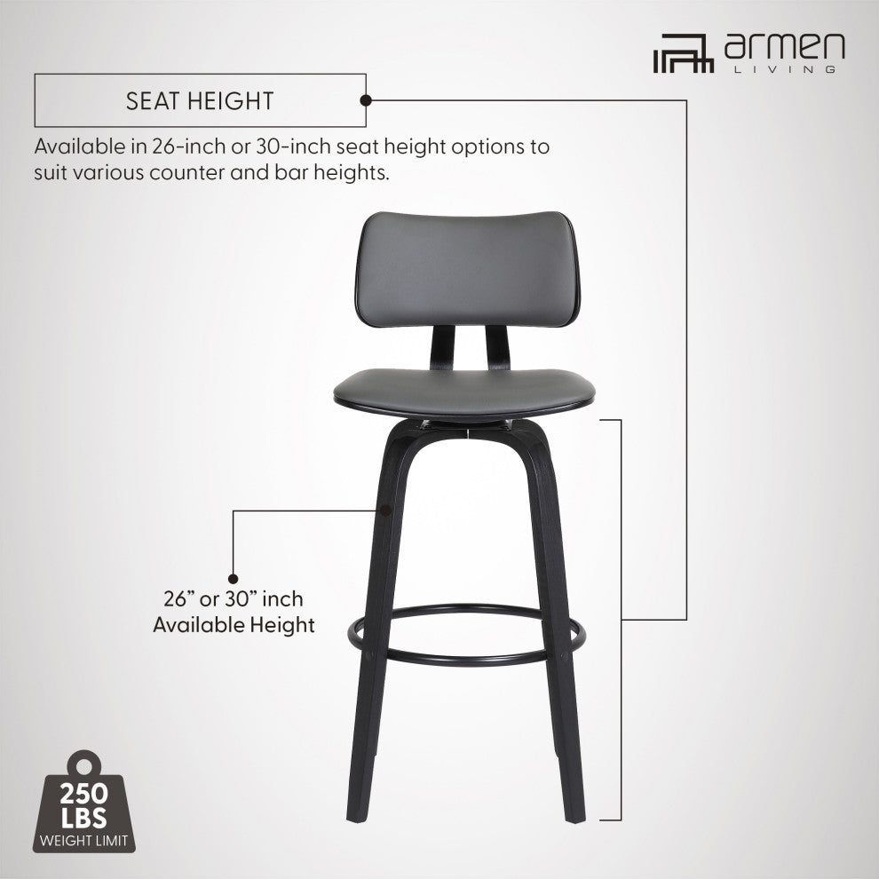 Pico 26" Swivel Black Wood Counter Stool in Gray Faux Leather with Black Metal, 26