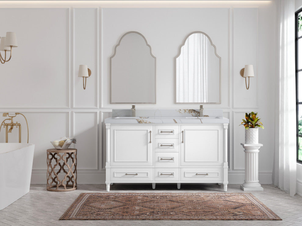 Aberdeen 60 Double Bathroom Vanity in White 2" Calacatta Gold
