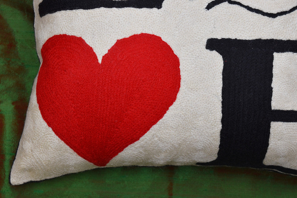 I Love Cats Decorative Pillow Cover Ivory Cream Whimsical Handmade Wool 18x18