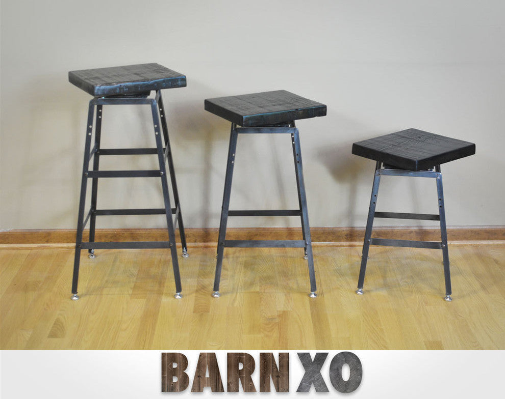 Reclaimed Barn Wood Stool Swivel Seat, 30x36x16, Dark Walnut