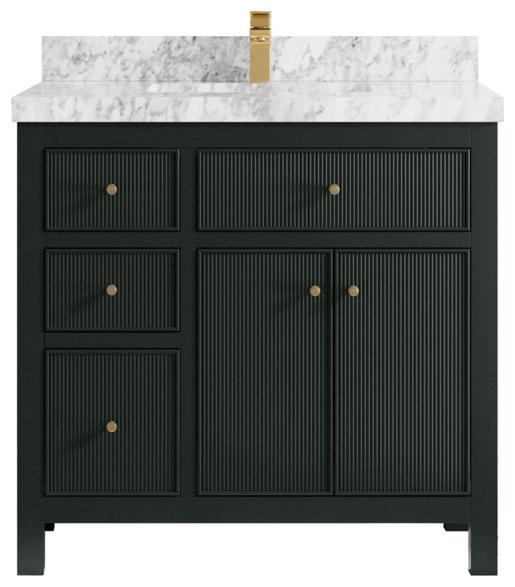 Sonoma 36 Center Sink Reeded Bath Vanity in Dark Forest Green 2" Carrara Marble