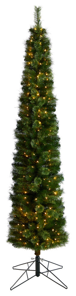 8' Green Pencil Faux Xmas Tree W/Clear, Multifunction Lights & Bendable Branches