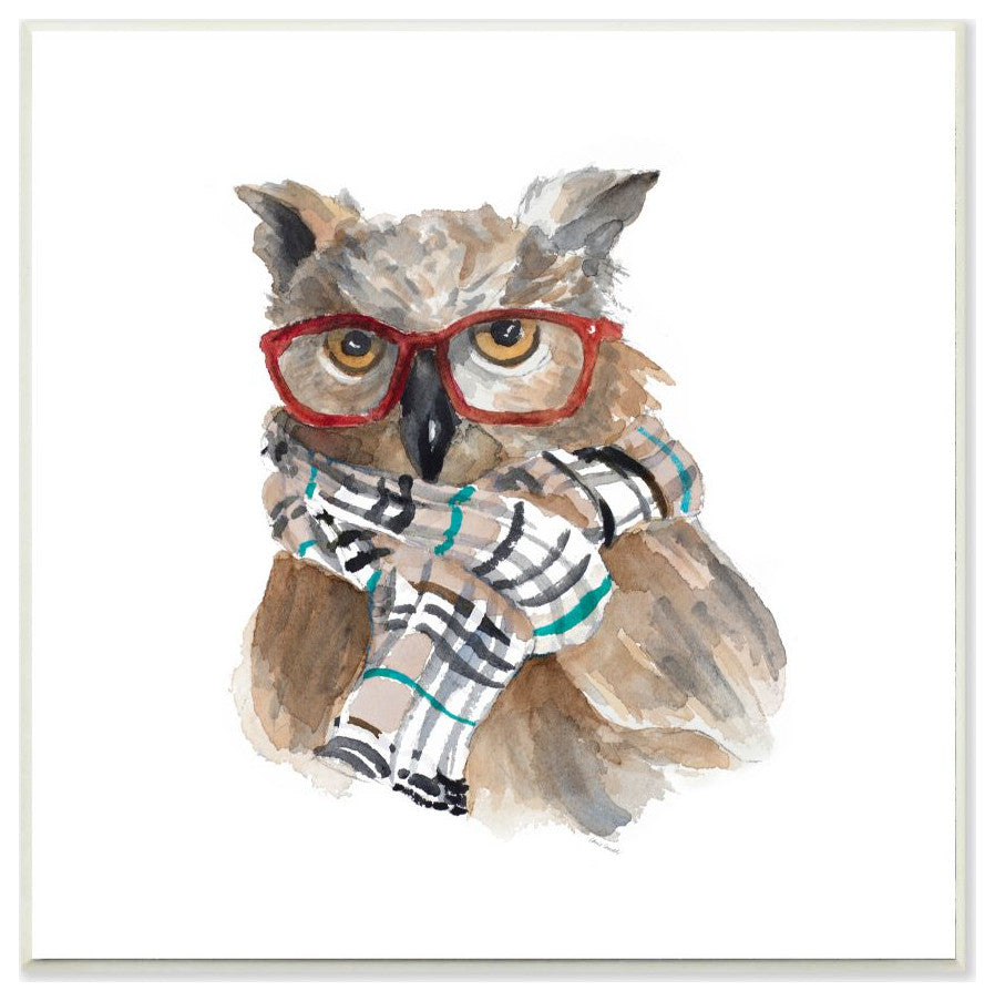 Funny Glasses Fashion Owl Animal Watercolor Painting, 12"x12"