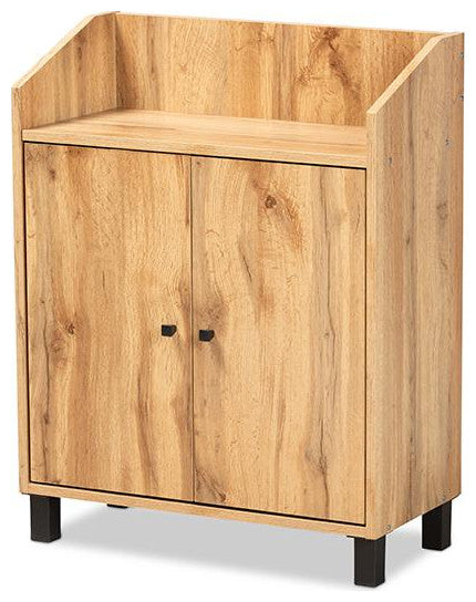 Oak Brown Finished Wood 2-Door Entryway Shoe Storage Cabinet with Top Shelf