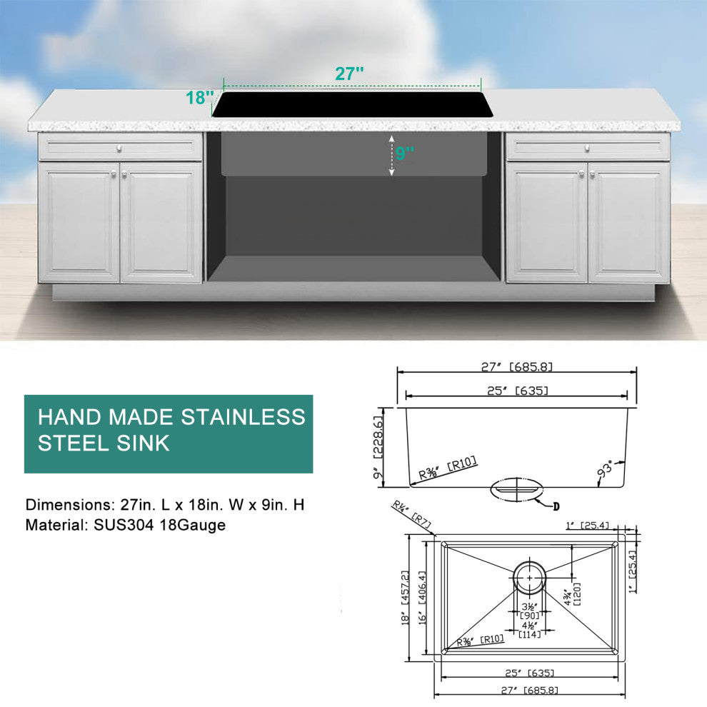 27" L X 18" W Undermount Stainless Steel Kitchen Sink